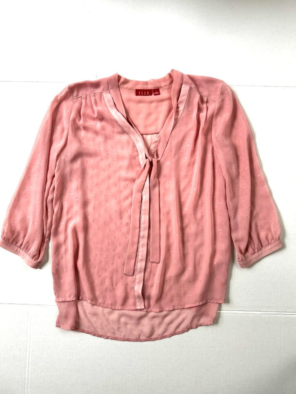 ELLE Blouse - Women's Sheer Top Pink Peach V-Neck With Neckline Tie - Size Large